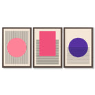Pink and Purple Modern Geometric Shapes Set of 3 Framed Art Prints with Dark Wood Frames