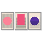 Pink and Purple Modern Geometric Shapes Set of 3 Framed Art Prints with Light Grey Wooden Frames