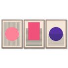 Pink and Purple Modern Geometric Shapes Set of 3 Framed Art Prints with Light Walnut Frames