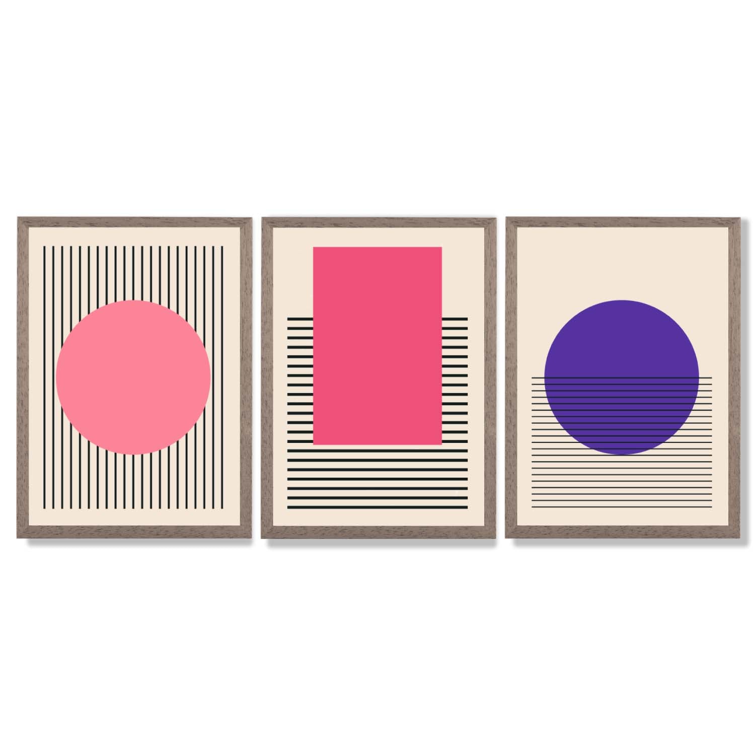 Pink and Purple Modern Geometric Shapes Set of 3 Framed Art Prints with Light Walnut Frames