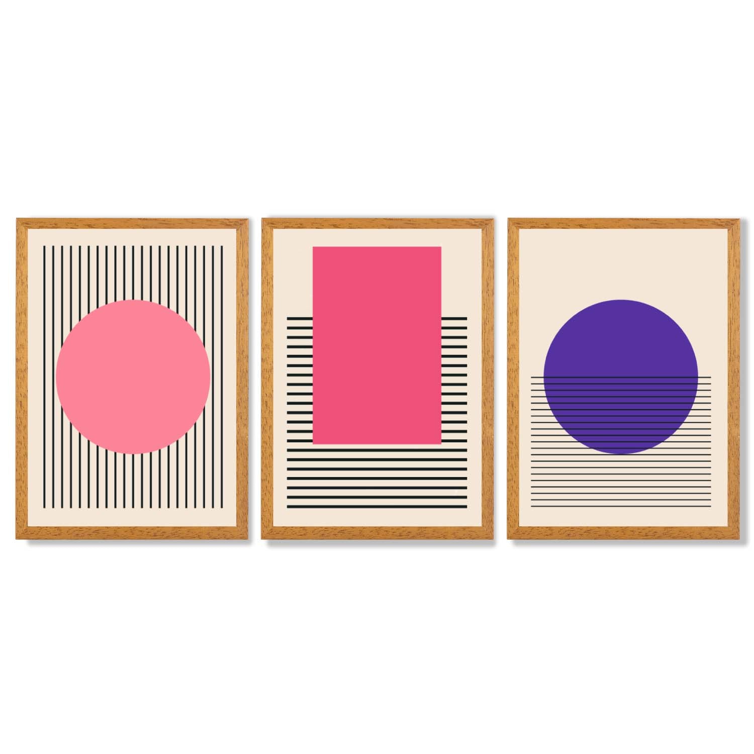 Pink and Purple Modern Geometric Shapes Set of 3 Framed Art Prints with Oak Wooden Frames