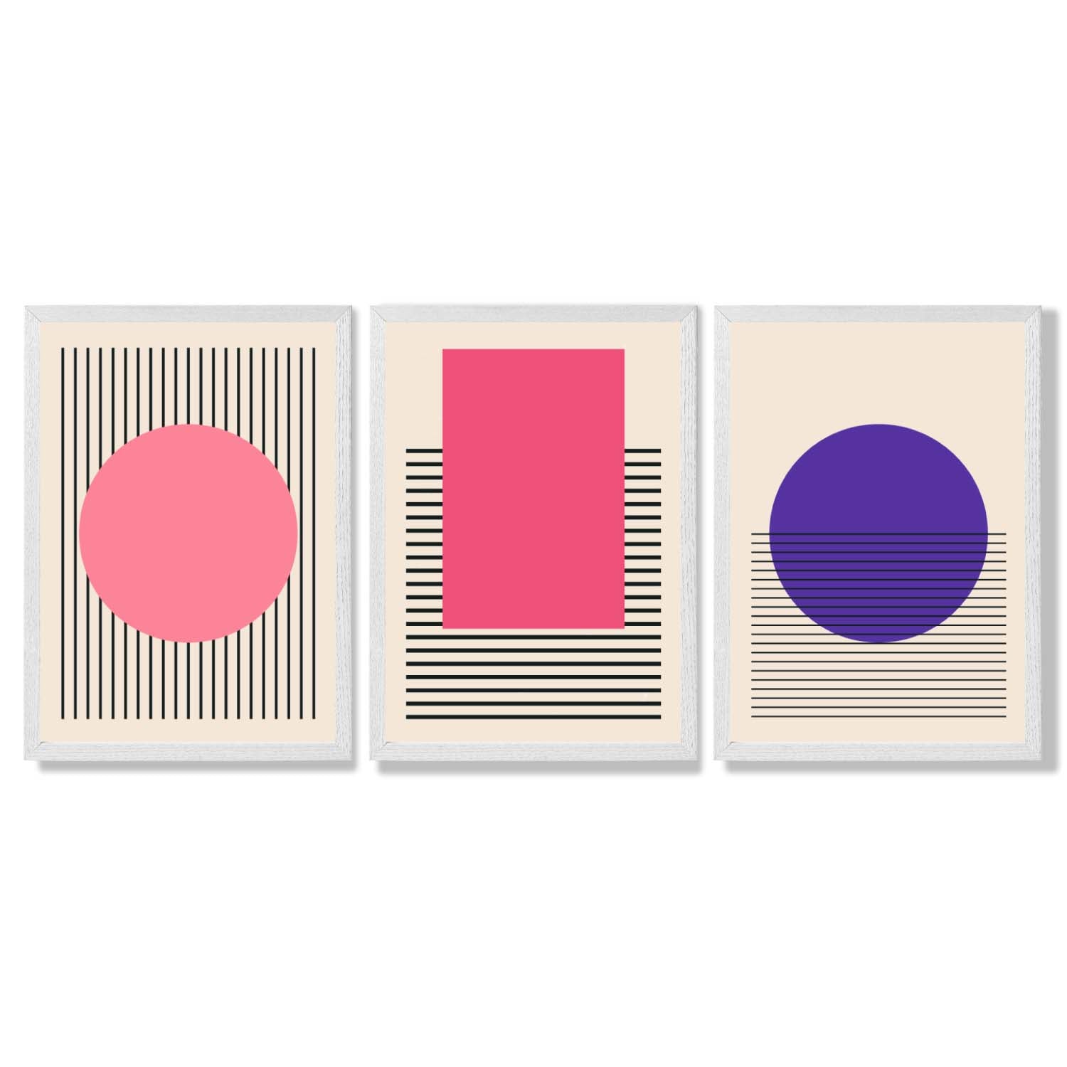 Pink and Purple Modern Geometric Shapes Set of 3 Framed Art Prints with White Wooden Frames