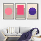 Pink and Purple Modern Geometric Shapes Set of 3 Art Prints in Black Frames | Artze UK