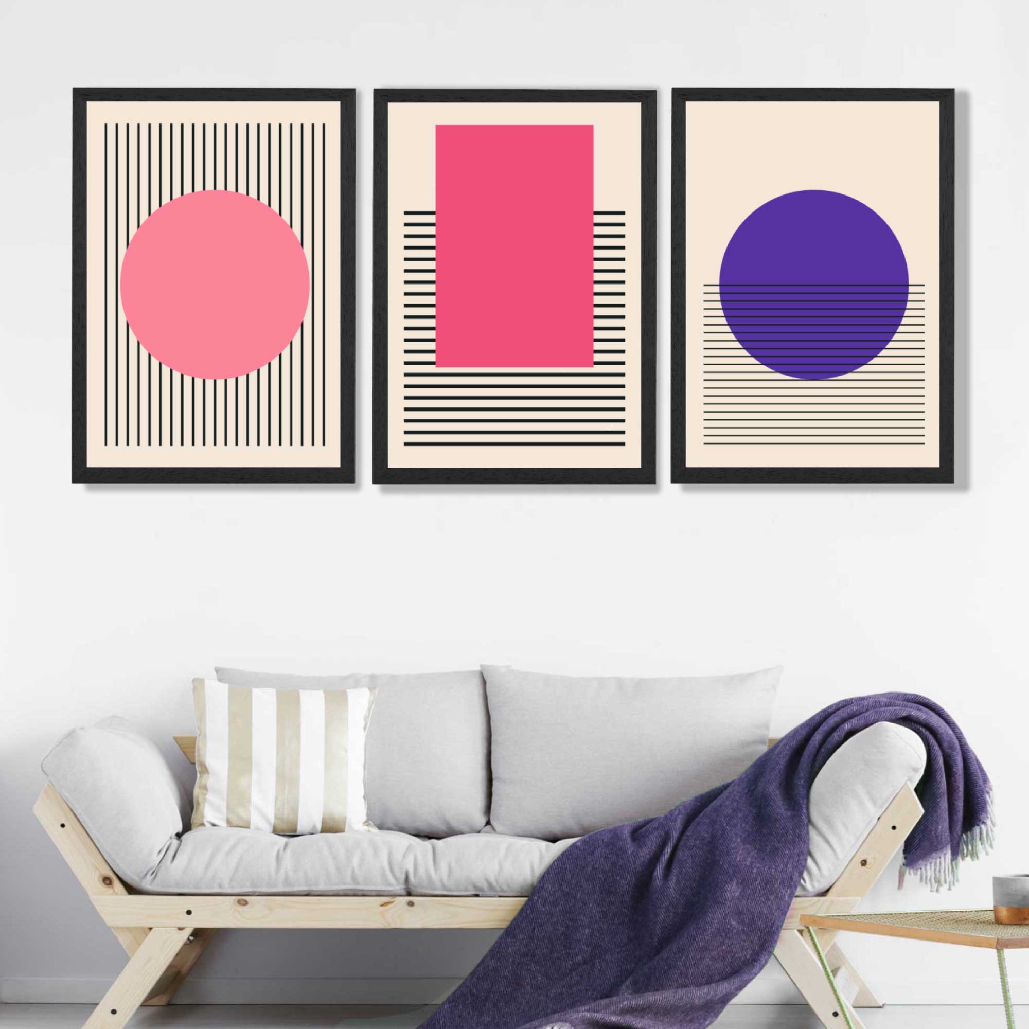 Pink and Purple Modern Geometric Shapes Set of 3 Art Prints in Black Frames | Artze UK