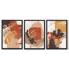 Autumnal Orange Abstract Oil Shapes Set of 3 Framed Art Prints with Black Wooden Frames