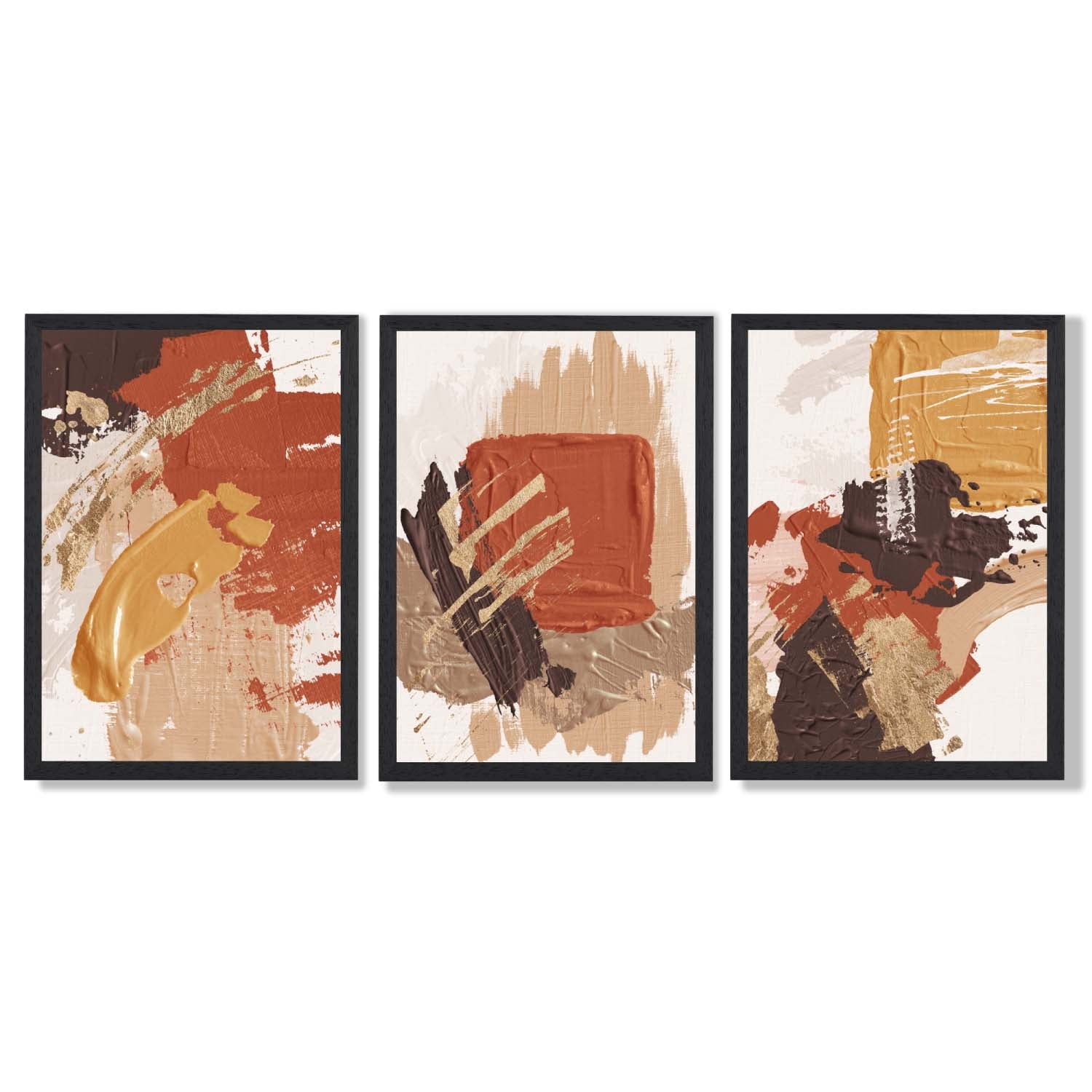 Autumnal Orange Abstract Oil Shapes Set of 3 Framed Art Prints with Black Wooden Frames