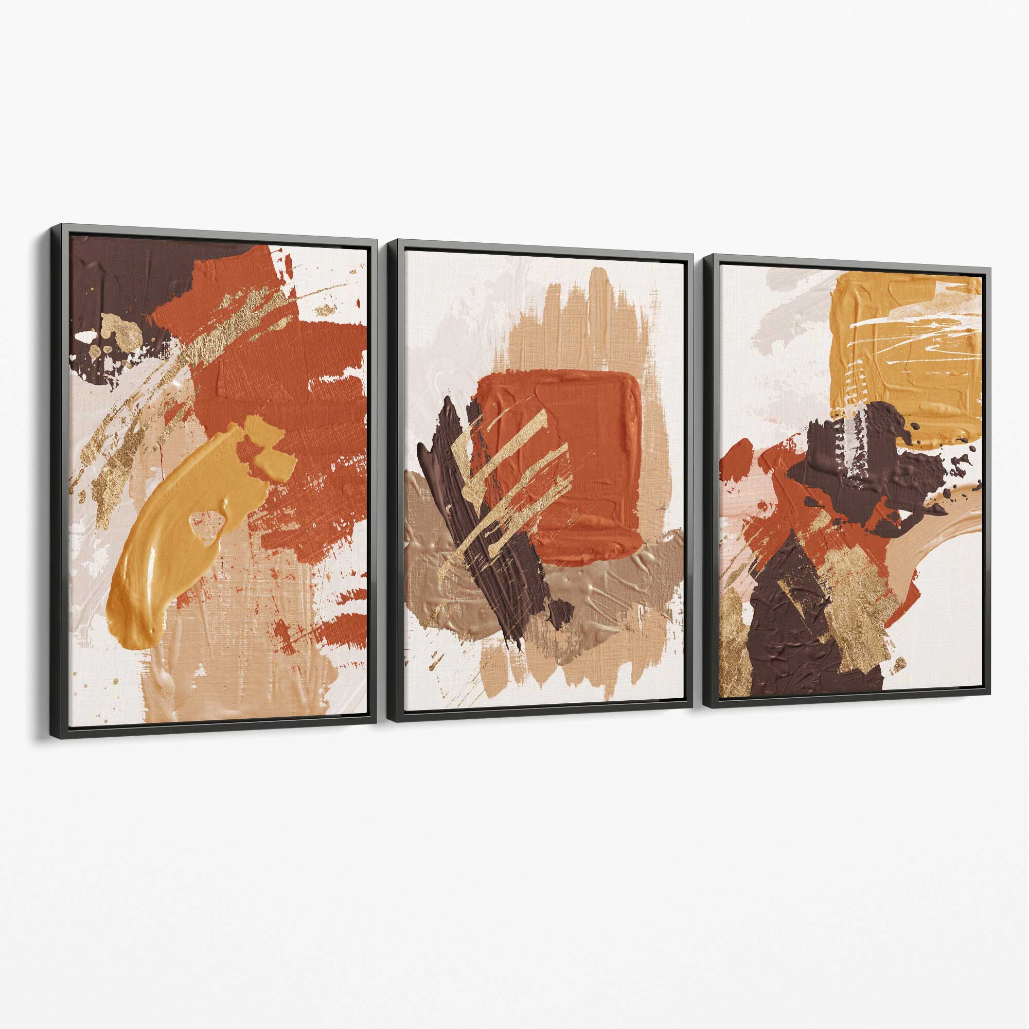 Autumnal Orange Abstract Oil Shapes Set of 3 Canvas Art Prints with Grey Float Frame