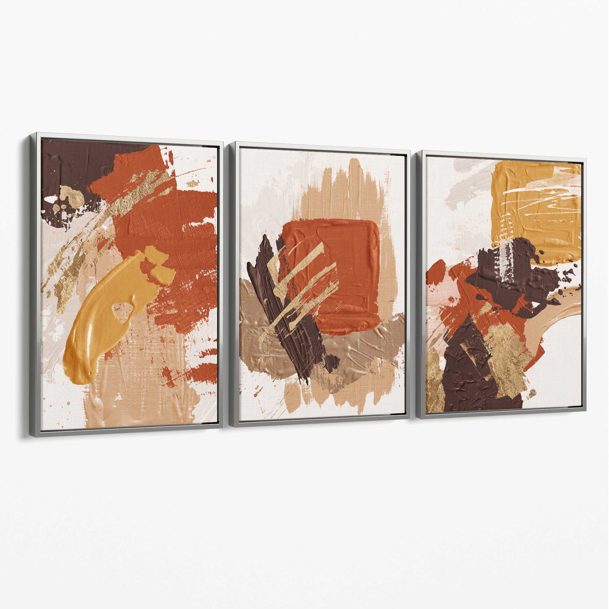 Autumnal Orange Abstract Oil Shapes Set of 3 Canvas Art Prints with Silver Float Frame