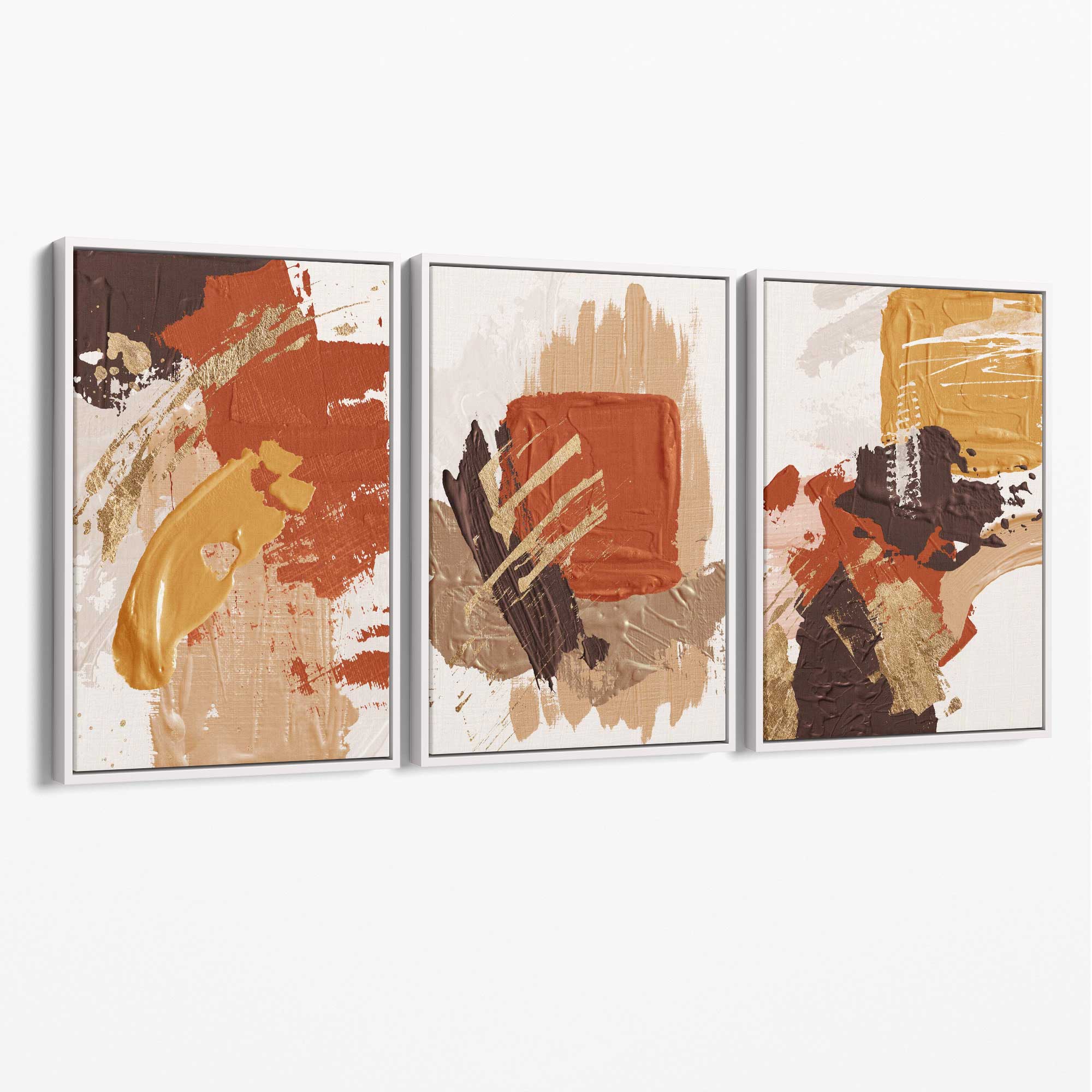 Autumnal Orange Abstract Oil Shapes Set of 3 Canvas Art Prints with White Float Frame