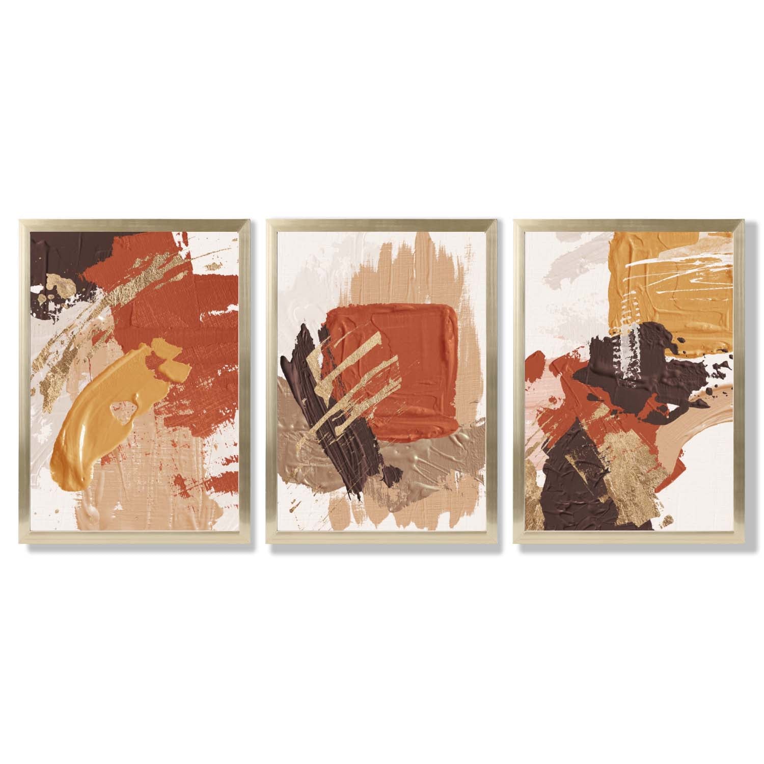 Autumnal Orange Abstract Oil Shapes Set of 3 Framed Art Prints with Gold Wood Frames