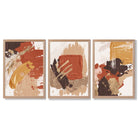 Autumnal Orange Abstract Oil Shapes Set of 3 Framed Art Prints with Light Oak Frames