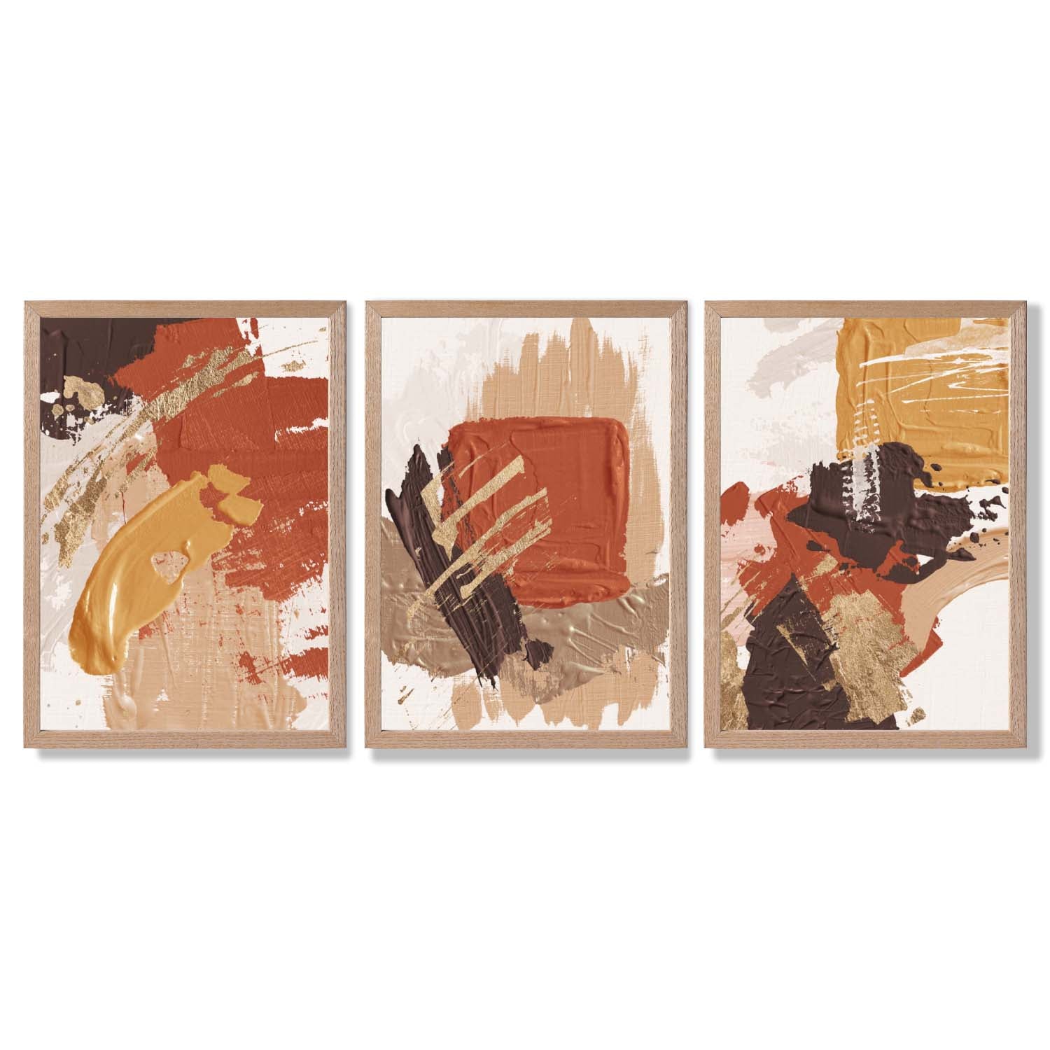 Autumnal Orange Abstract Oil Shapes Set of 3 Framed Art Prints with Light Oak Frames