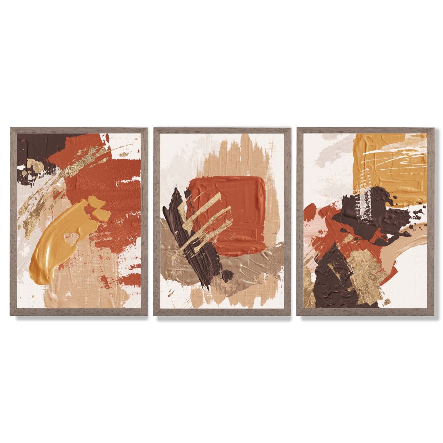 Autumnal Orange Abstract Oil Shapes Set of 3 Framed Art Prints with Light Walnut Frames