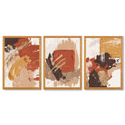 Autumnal Orange Abstract Oil Shapes Set of 3 Framed Art Prints with Oak Wooden Frames