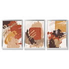 Autumnal Orange Abstract Oil Shapes Set of 3 Framed Art Prints with Silver Wood Frames