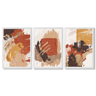 Autumnal Orange Abstract Oil Shapes Set of 3 Framed Art Prints with White Wooden Frames