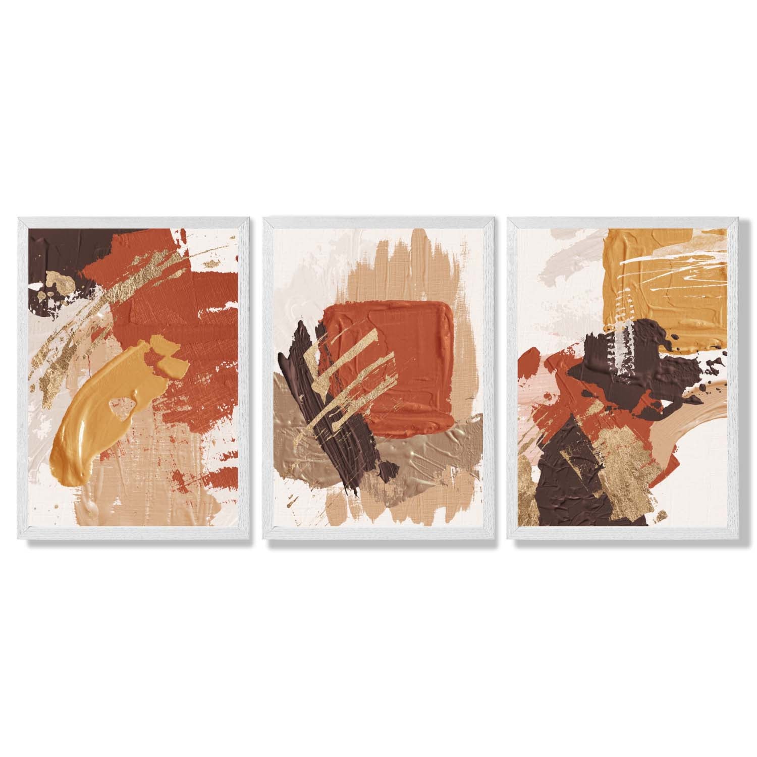 Autumnal Orange Abstract Oil Shapes Set of 3 Framed Art Prints with White Wooden Frames