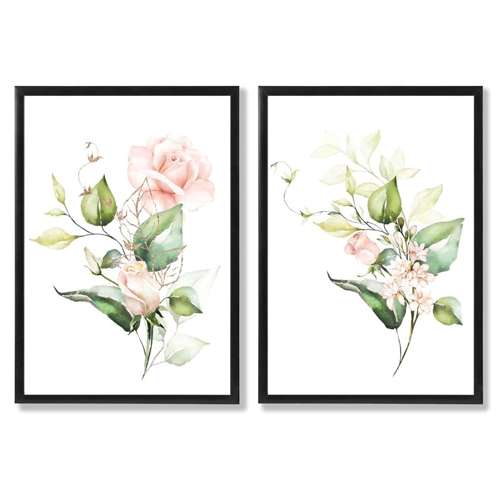 Pink Flowers with Gold Leaves Art Prints Set Artze Wall Art UK