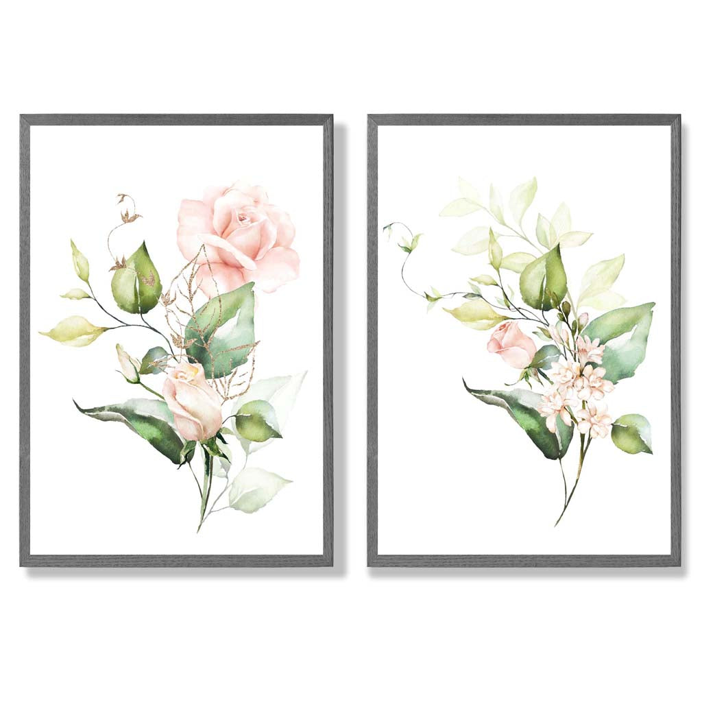 Pink Flowers with Gold Leaves Set of 2 Art Prints with Dark Grey Frame