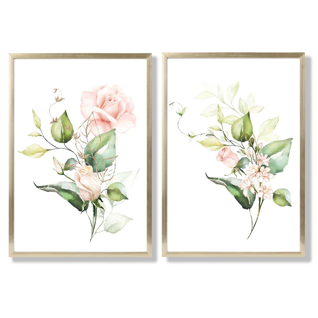 Pink Flowers with Gold Leaves Set of 2 Art Prints with Gold Frame