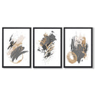 Grey and Gold Abstract Oil Shapes Set of 3 Framed Art Prints with Black Wooden Frames