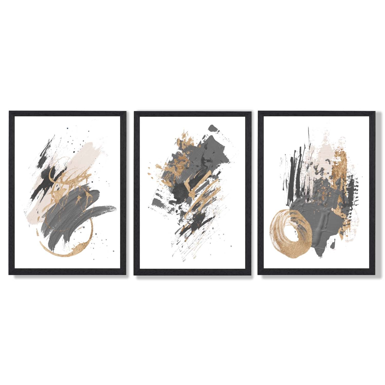Grey and Gold Abstract Oil Shapes Set of 3 Framed Art Prints with Black Wooden Frames