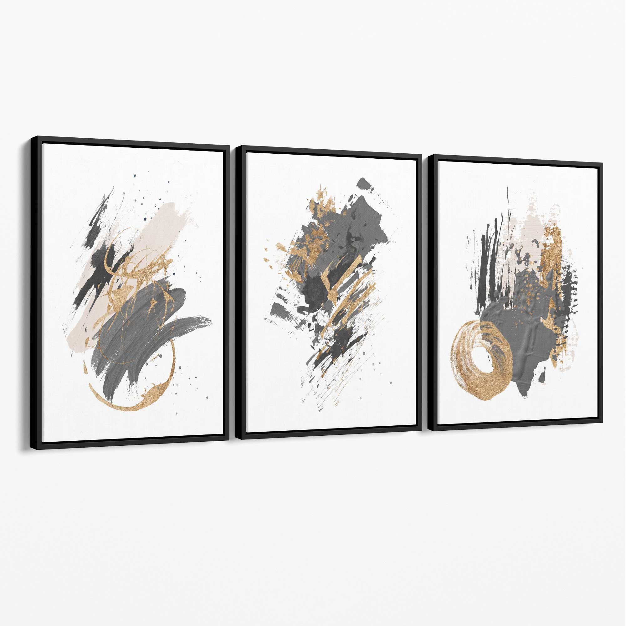 Grey and Gold Abstract Oil Shapes Set of 3 Canvas Art Prints with Black Float Frame