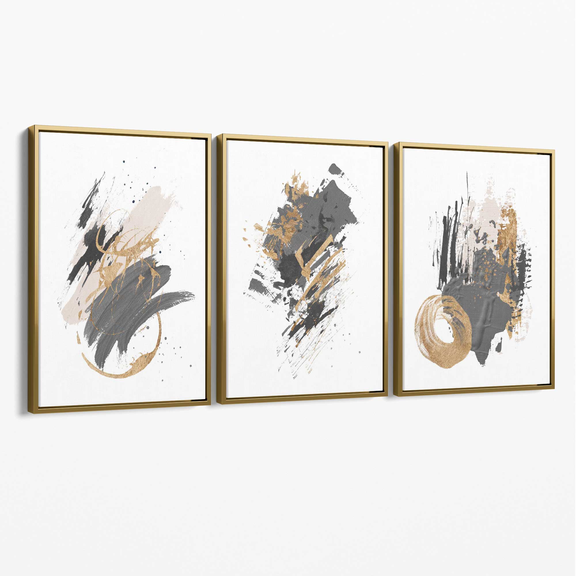 Grey and Gold Abstract Oil Shapes Set of 3 Canvas Art Prints with Gold Float Frame