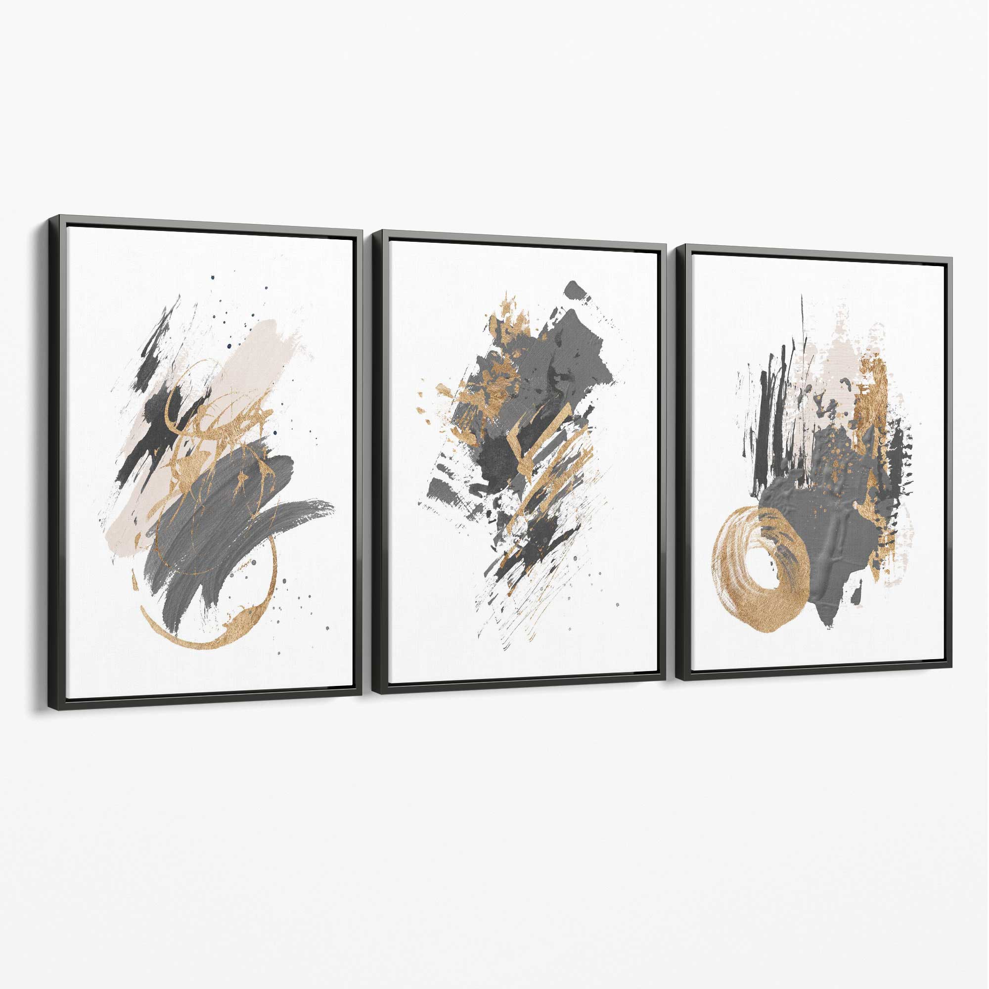 Grey and Gold Abstract Oil Shapes Set of 3 Canvas Art Prints with Grey Float Frame