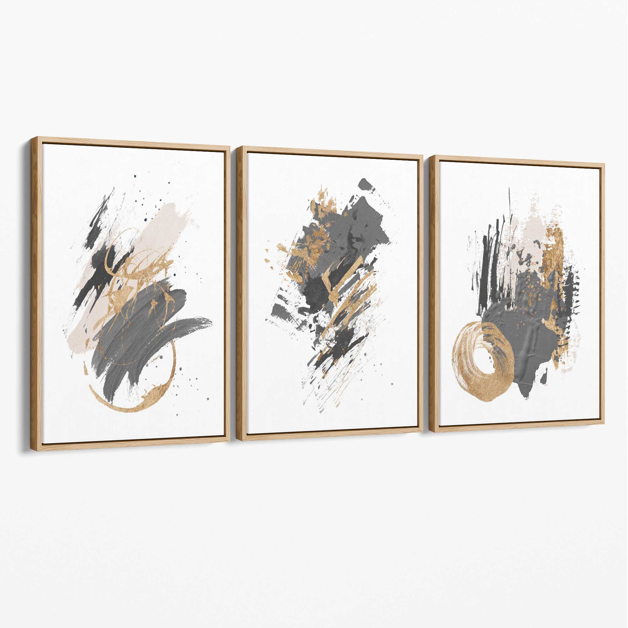 Grey and Gold Abstract Oil Shapes Set of 3 Canvas Art Prints with Oak Float Frame