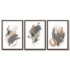Grey and Gold Abstract Oil Shapes Set of 3 Framed Art Prints with Dark Wood Frames