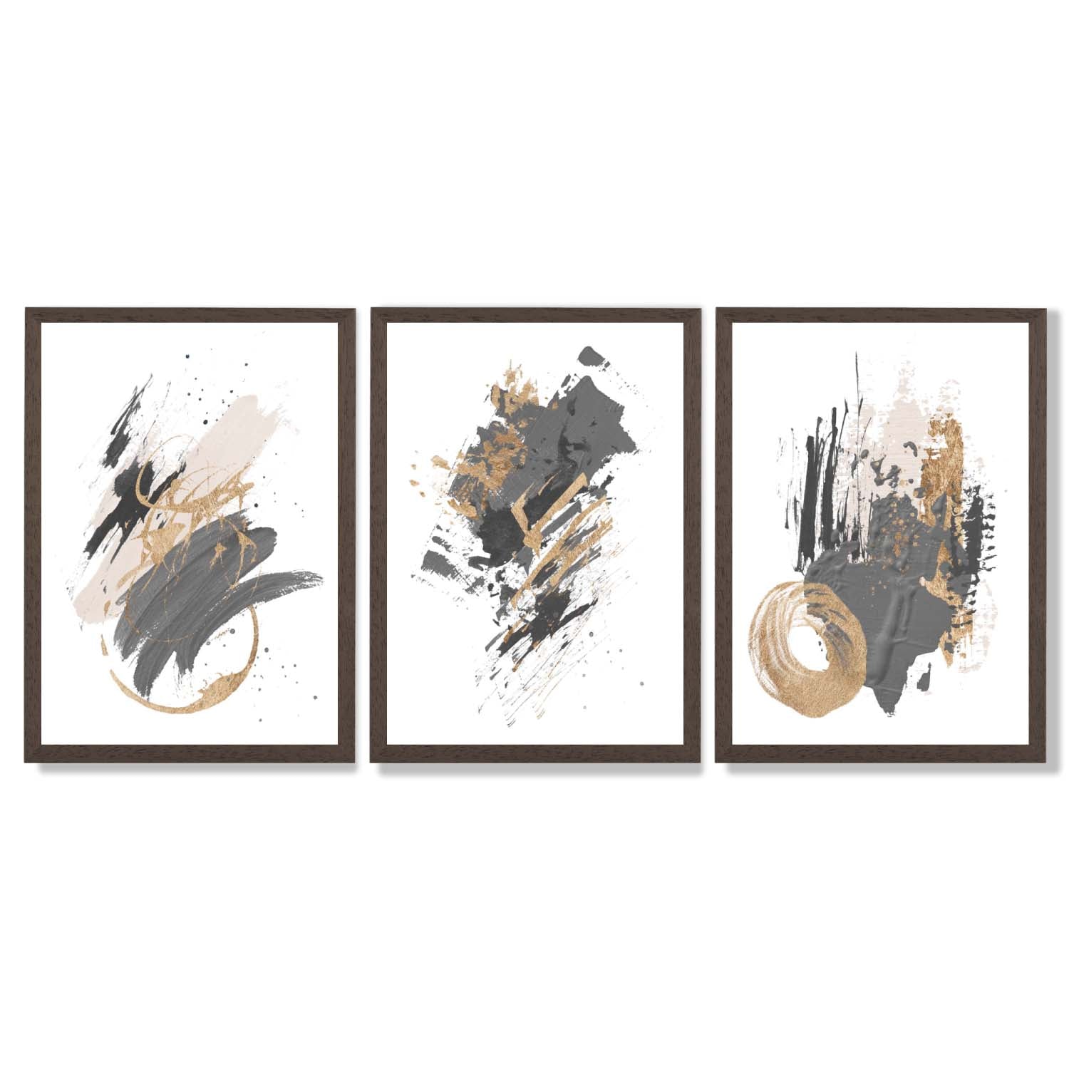 Grey and Gold Abstract Oil Shapes Set of 3 Framed Art Prints with Dark Wood Frames