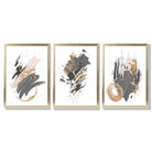 Grey and Gold Abstract Oil Shapes Set of 3 Framed Art Prints with Gold Wood Frames