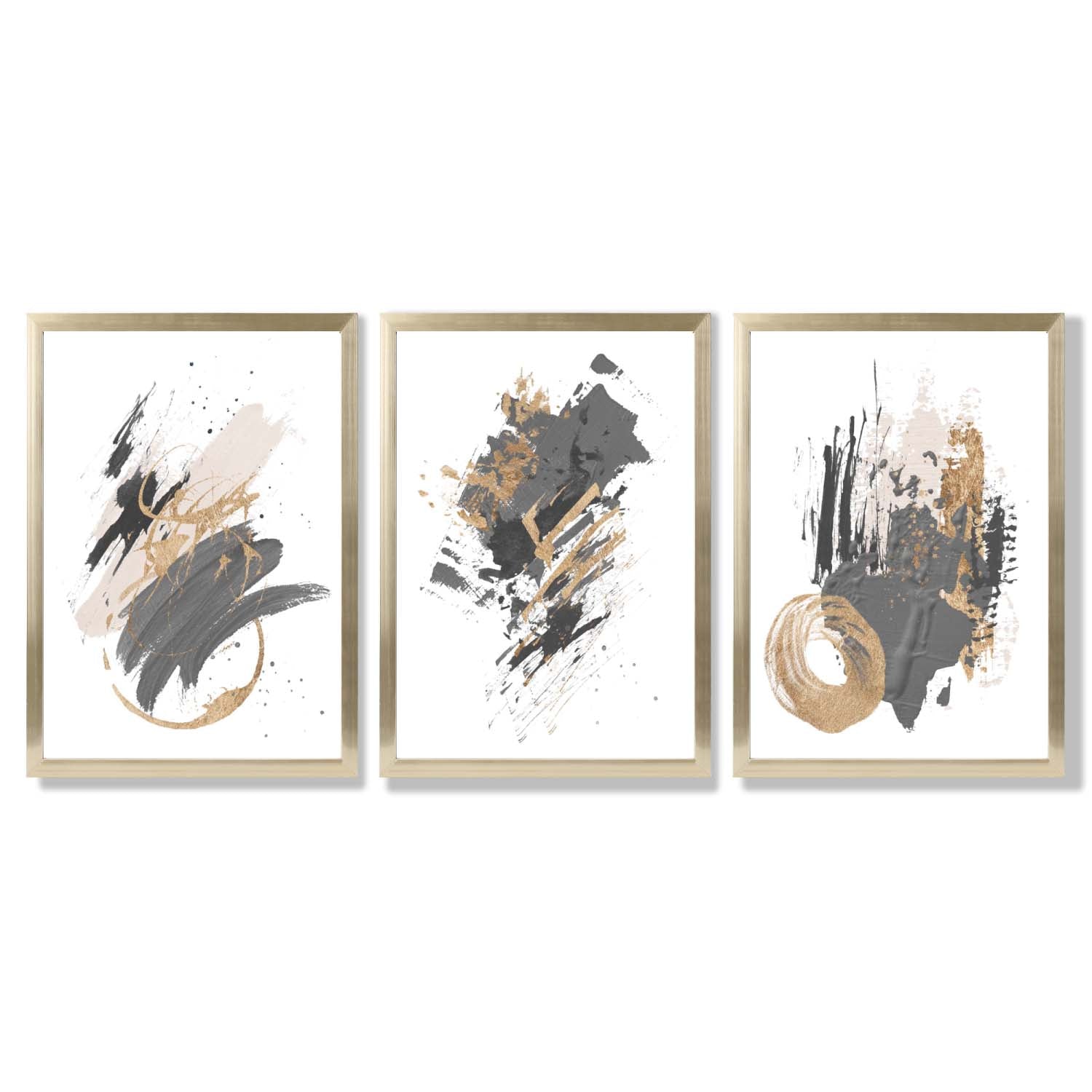 Grey and Gold Abstract Oil Shapes Set of 3 Framed Art Prints with Gold Wood Frames