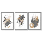 Grey and Gold Abstract Oil Shapes Set of 3 Framed Art Prints with Light Grey Wooden Frames