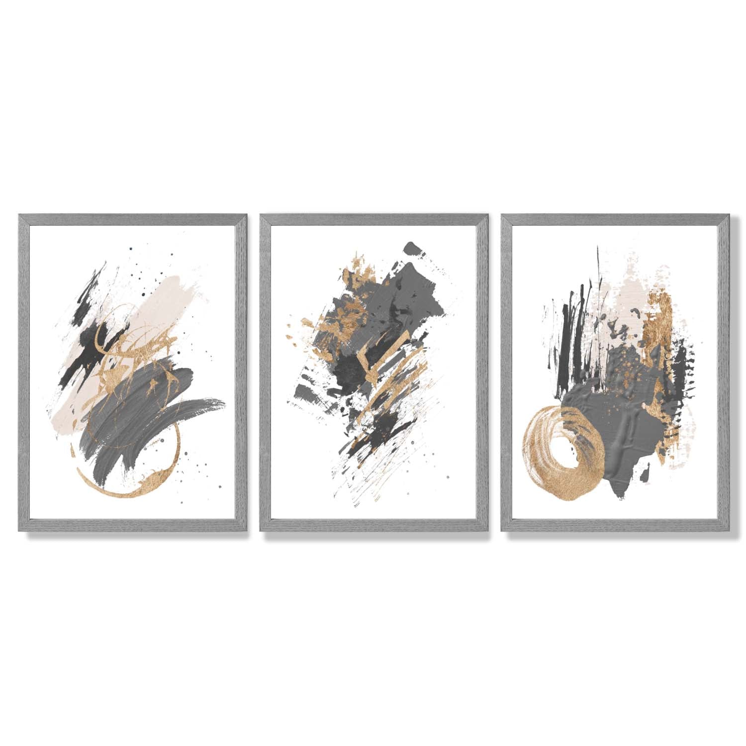 Grey and Gold Abstract Oil Shapes Set of 3 Framed Art Prints with Light Grey Wooden Frames