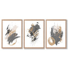 Grey and Gold Abstract Oil Shapes Set of 3 Framed Art Prints with Light Oak Frames