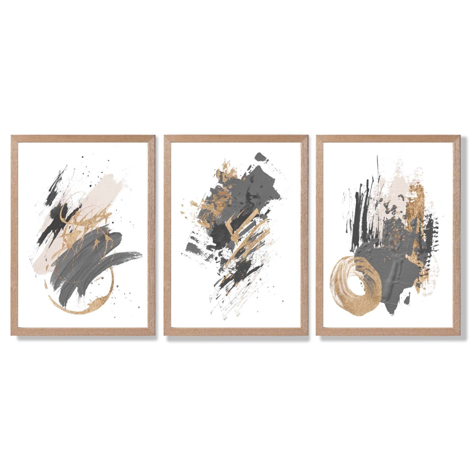 Grey and Gold Abstract Oil Shapes Set of 3 Framed Art Prints with Light Oak Frames