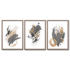 Grey and Gold Abstract Oil Shapes Set of 3 Framed Art Prints with Light Walnut Frames