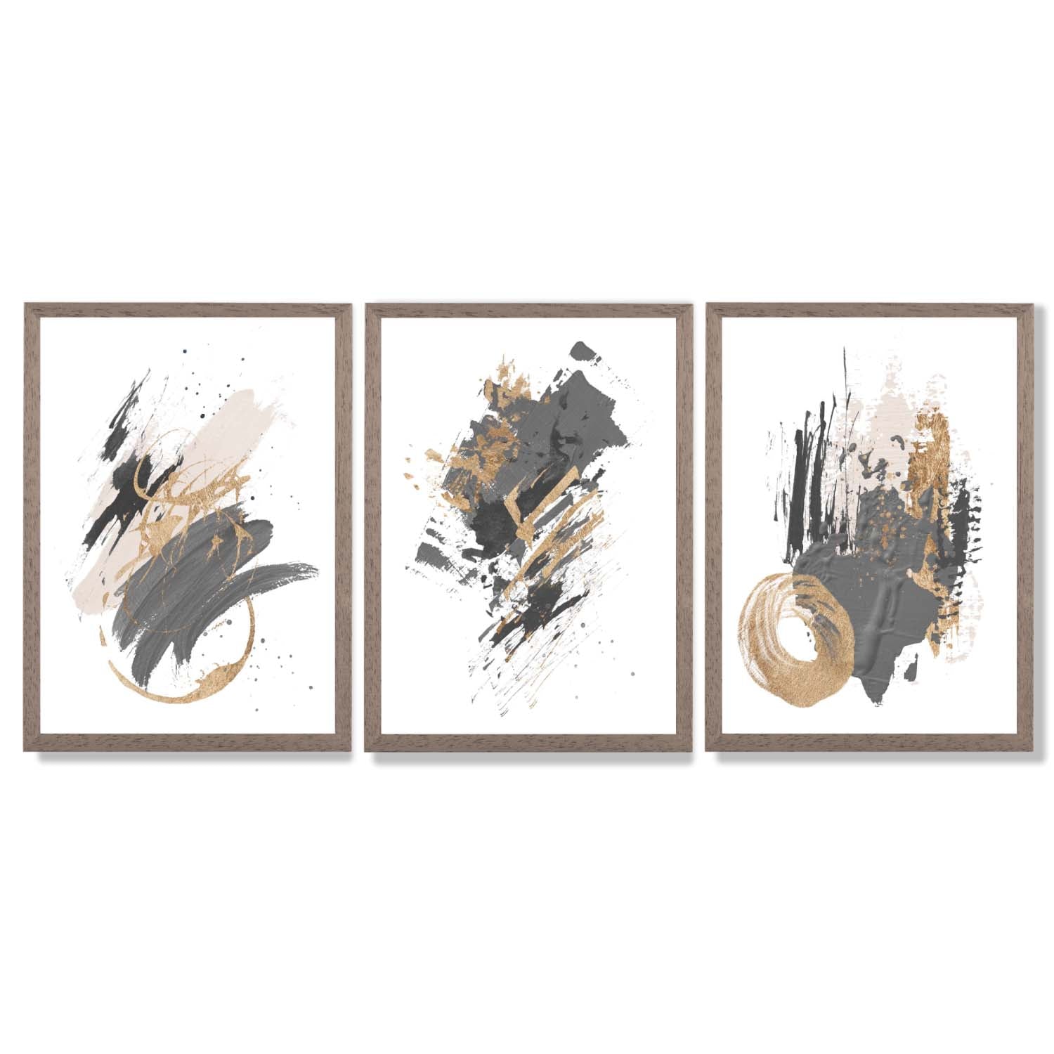 Grey and Gold Abstract Oil Shapes Set of 3 Framed Art Prints with Light Walnut Frames