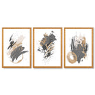 Grey and Gold Abstract Oil Shapes Set of 3 Framed Art Prints with Oak Wooden Frames