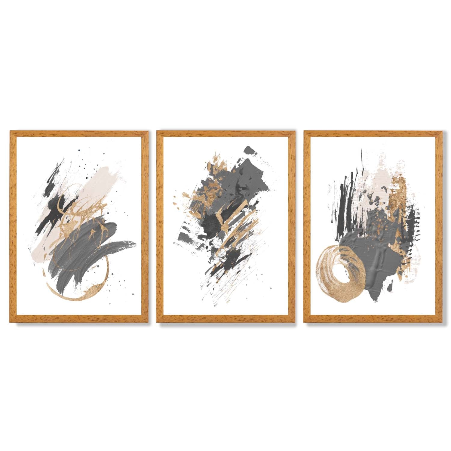 Grey and Gold Abstract Oil Shapes Set of 3 Framed Art Prints with Oak Wooden Frames