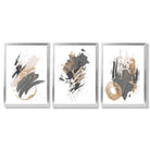 Grey and Gold Abstract Oil Shapes Set of 3 Framed Art Prints with Silver Wood Frames