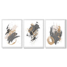 Grey and Gold Abstract Oil Shapes Set of 3 Framed Art Prints with White Wooden Frames