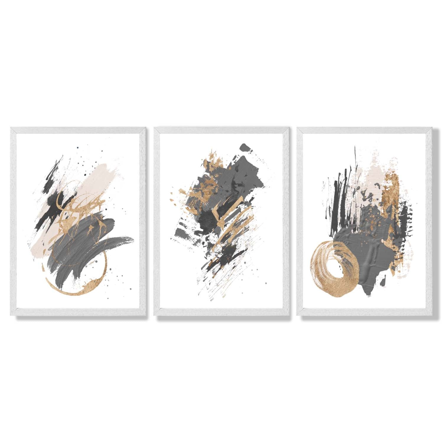 Grey and Gold Abstract Oil Shapes Set of 3 Framed Art Prints with White Wooden Frames