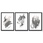 Grey and Silver Abstract Oil Shapes Set of 3 Framed Art Prints with Black Wooden Frames