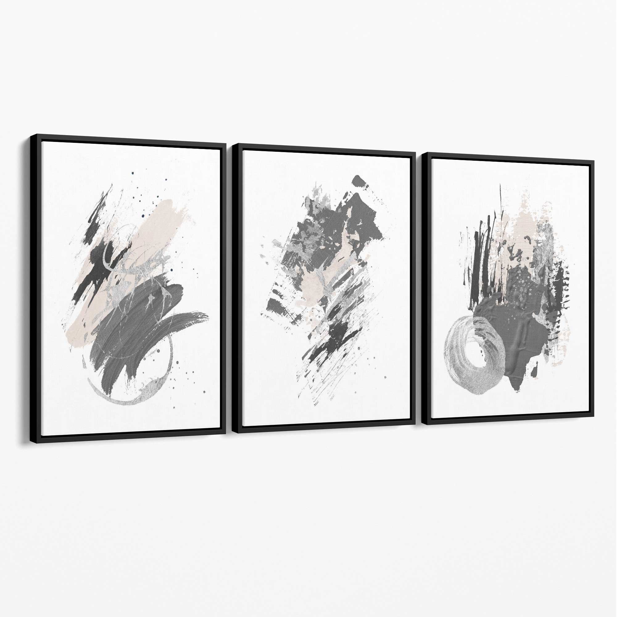 Grey and Silver Abstract Oil Shapes Set of 3 Canvas Art Prints with Black Float Frame