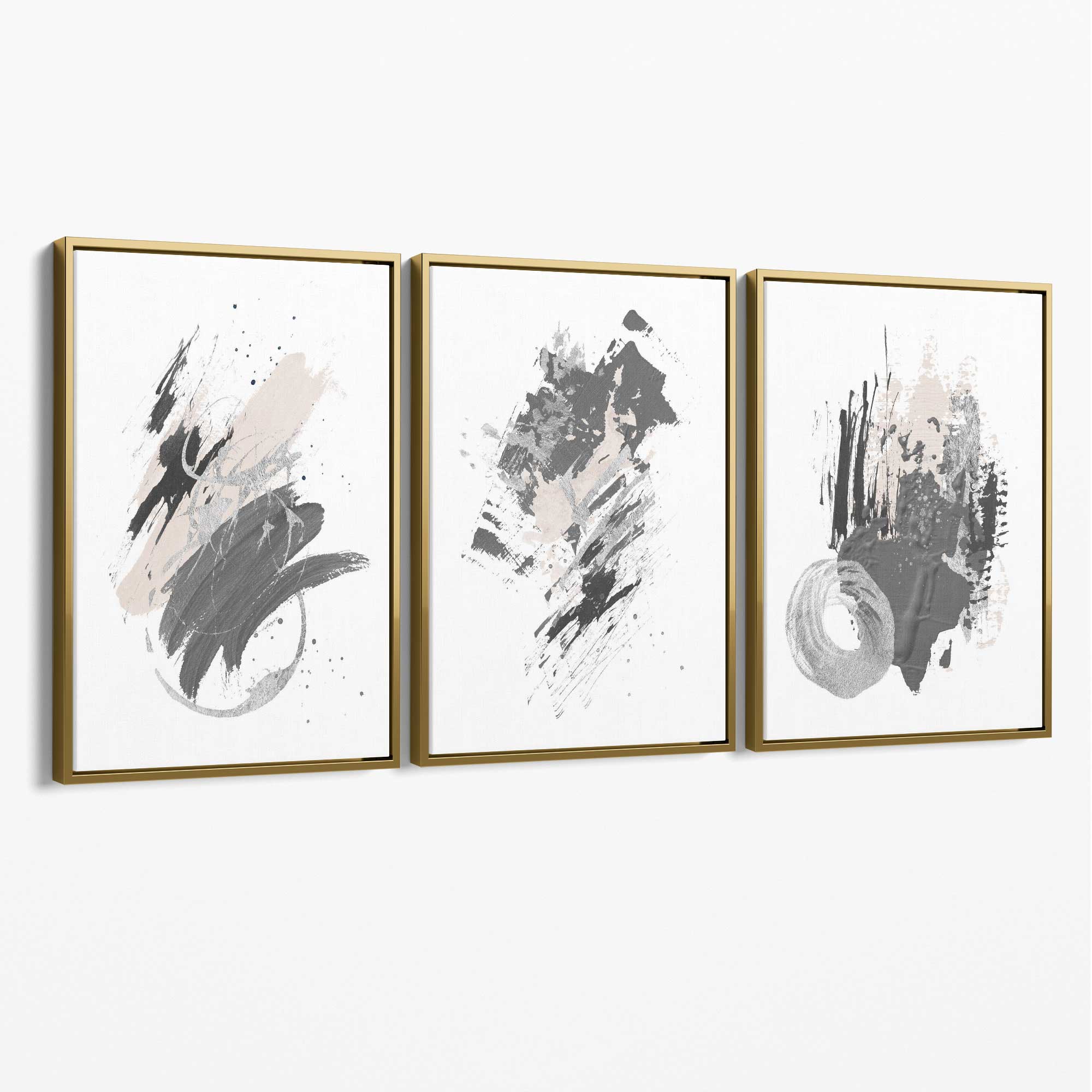Grey and Silver Abstract Oil Shapes Set of 3 Canvas Art Prints with Gold Float Frame