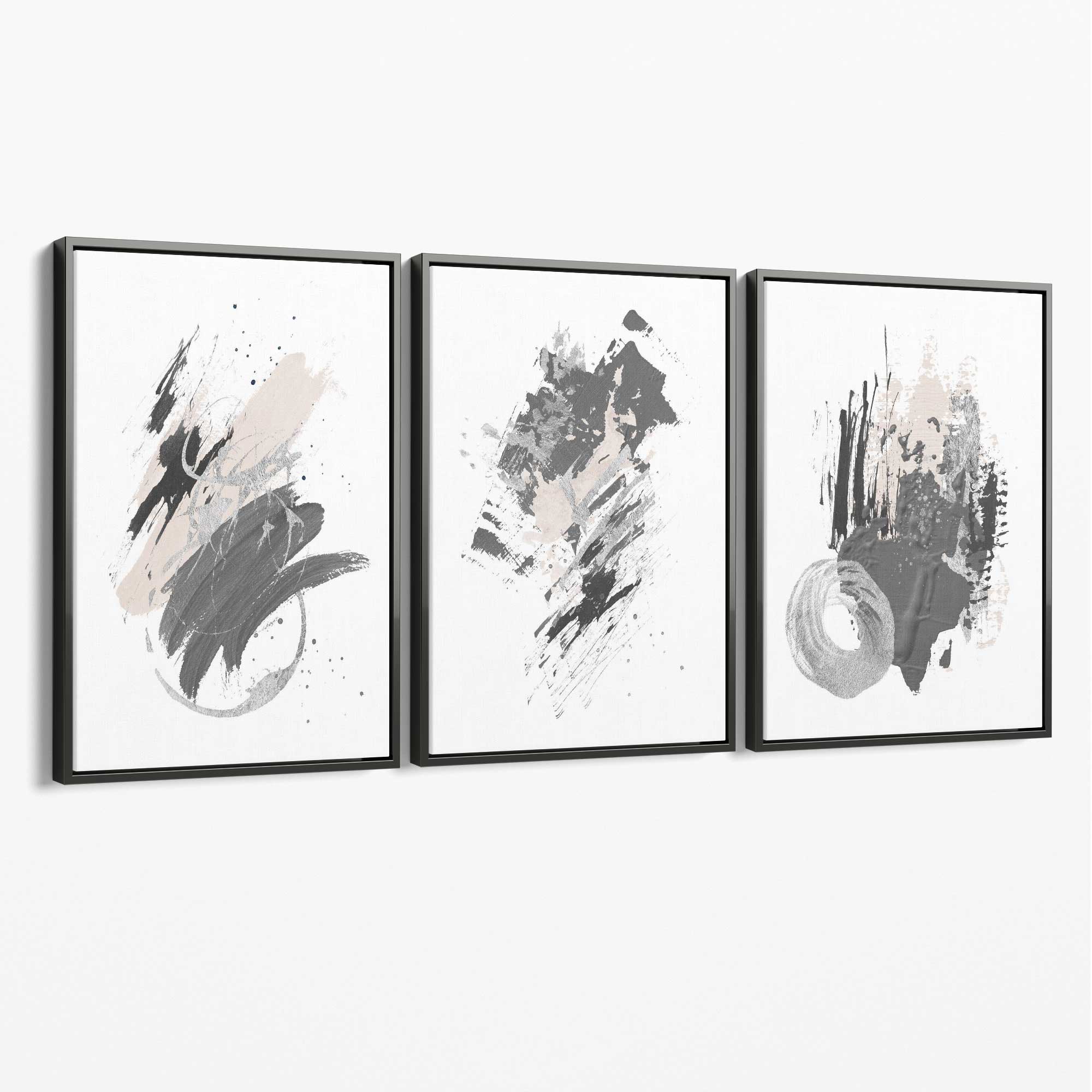 Grey and Silver Abstract Oil Shapes Set of 3 Canvas Art Prints with Grey Float Frame