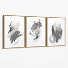 Grey and Silver Abstract Oil Shapes Set of 3 Canvas Art Prints with Oak Float Frame